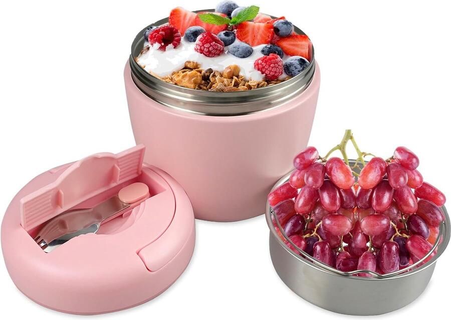 Thermocontainer voor eten groot 1000 ml thermokom met deksel lunchbox thermo met inklapbare lepel voor het bewaren van soepen ijs yoghurt-roze