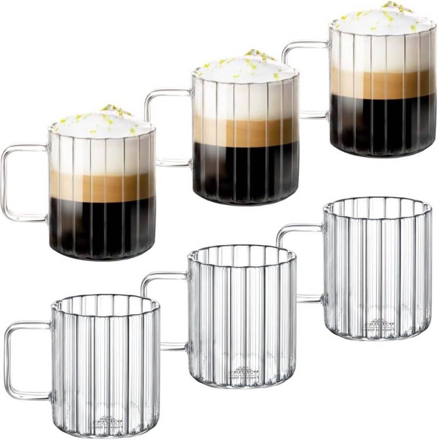 Thermoglazen met handvat 300 ml geribbeld glas thee en koffie vaatwasmachinebestendig