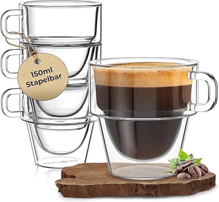 Thermoglazen van borosilicaatglas drinkglazen voor thee koffie cappuccino water sap ijsthee koffieglazen 4 x 150 ml