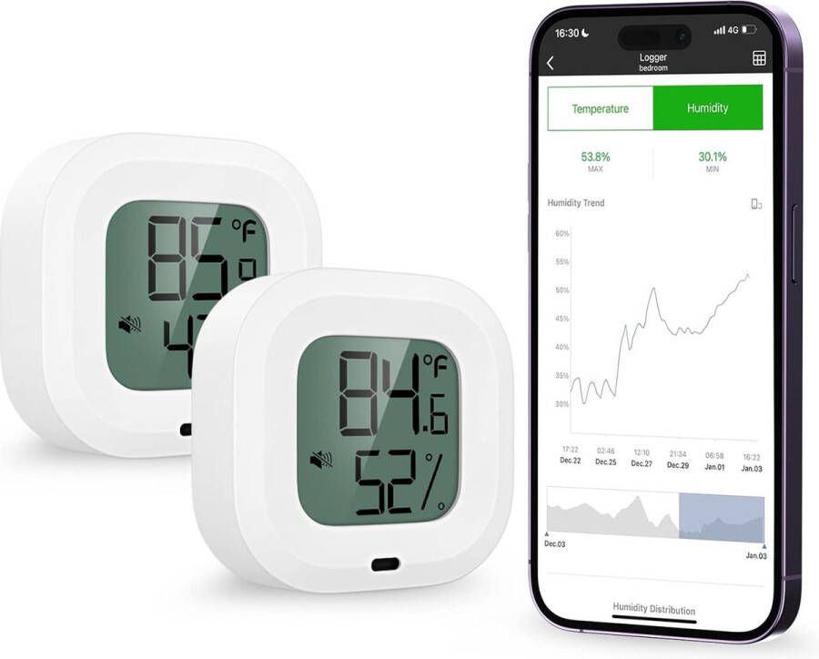 Thermometer Hygrometer 2x stuks Bluetooth Temperatuur Vochtigheidssensor met 1.5 ''LCD Scherm Interne Thermometer Hygrometer met Waarschuwingsgeluid Android en iPhone Ondersteuning voor Thuis
