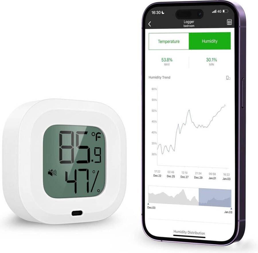 Thermometer Hygrometer Bluetooth Draadloze Temperatuur Vochtigheidssensor met 1.5 ''LCD Scherm Interne Thermometer Hygrometer met Waarschuwingsgeluid Android en iPhone Ondersteuning voor Thuis