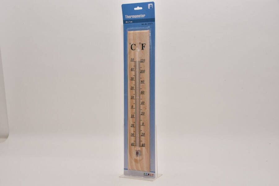 Merkloos Thermometer voor binnen en buiten hout 40 x 7 cm Celsius Fahrenheit Buitenthermometers