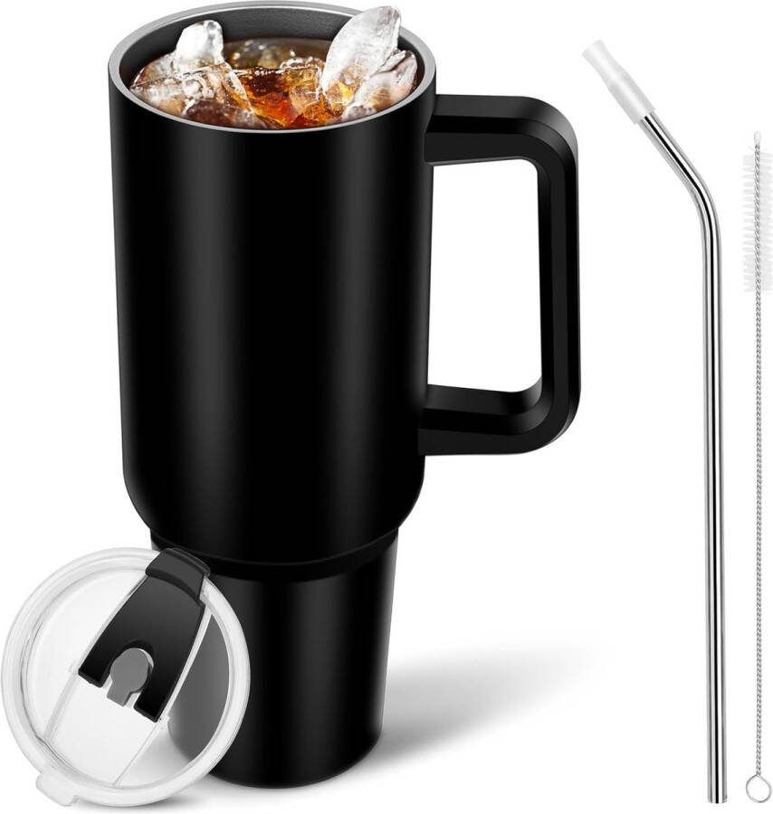 Thermomok met rietje Drinkbeker met deksel en handvat 1 L Coffee to Go Vacuüm geïsoleerde autobeker met lekvrij deksel Stroborstels BPA-vrije cadeaus Dames Heren