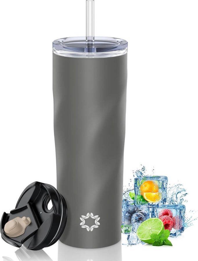 Thermomok met rietje en 2 deksels 500 ml dubbelwandige roestvrijstalen vacuümlekvrije geïsoleerde mok automok voor koude warme dranken BPA-vrij grijs