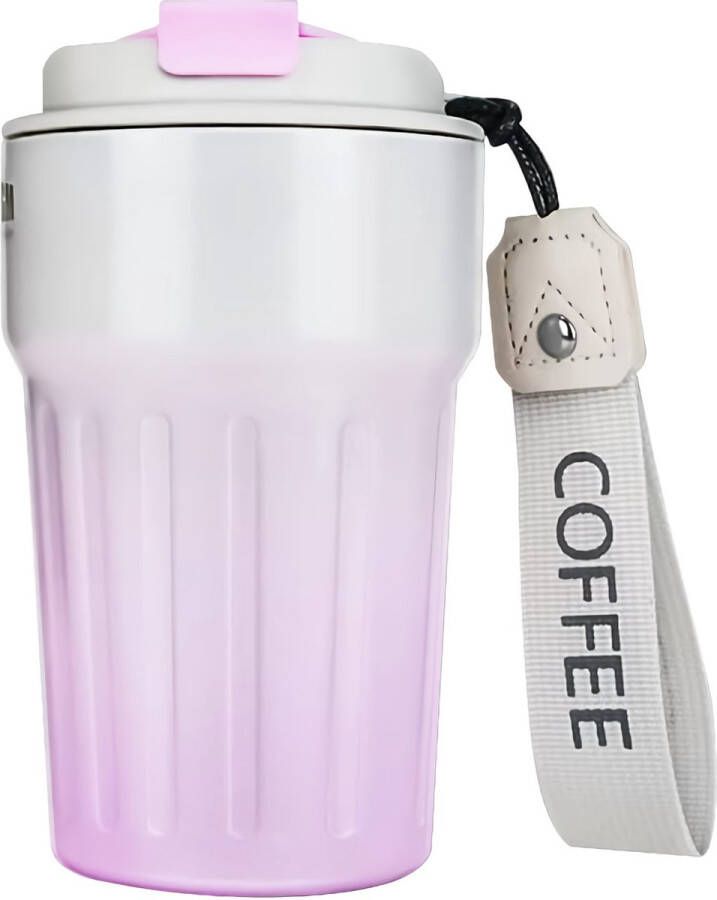 Thermosbeker 400 ml roestvrij staal koffiekopjes met deksel lekvrij voor koffie wijn melk koffie-to-go theebeker (roze)