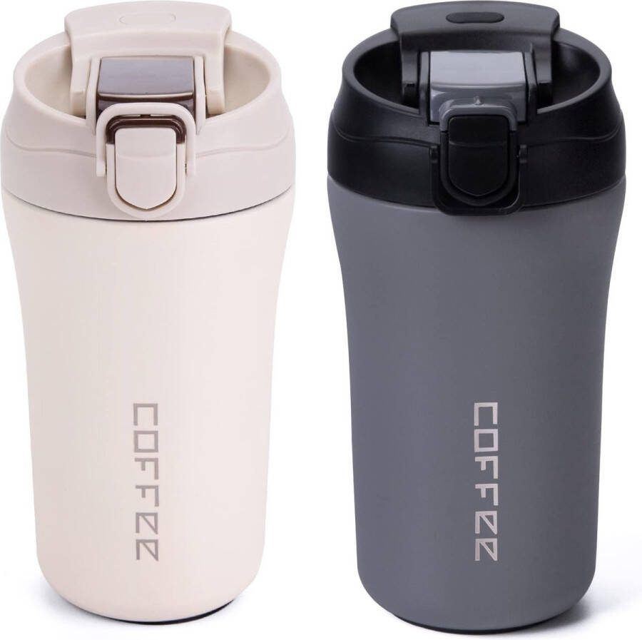 Thermosbeker 400 ml set van 2 roestvrij staal lekvrij reisbeker met rietje dubbelwandig isolatiebeker voor koffie thee glühwein warm en koud (wit en grijs)