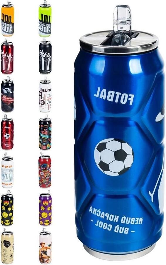 Thermosbeker in de vorm van een blikje voor warme en koude dranken voetbal blauw 0.5 l