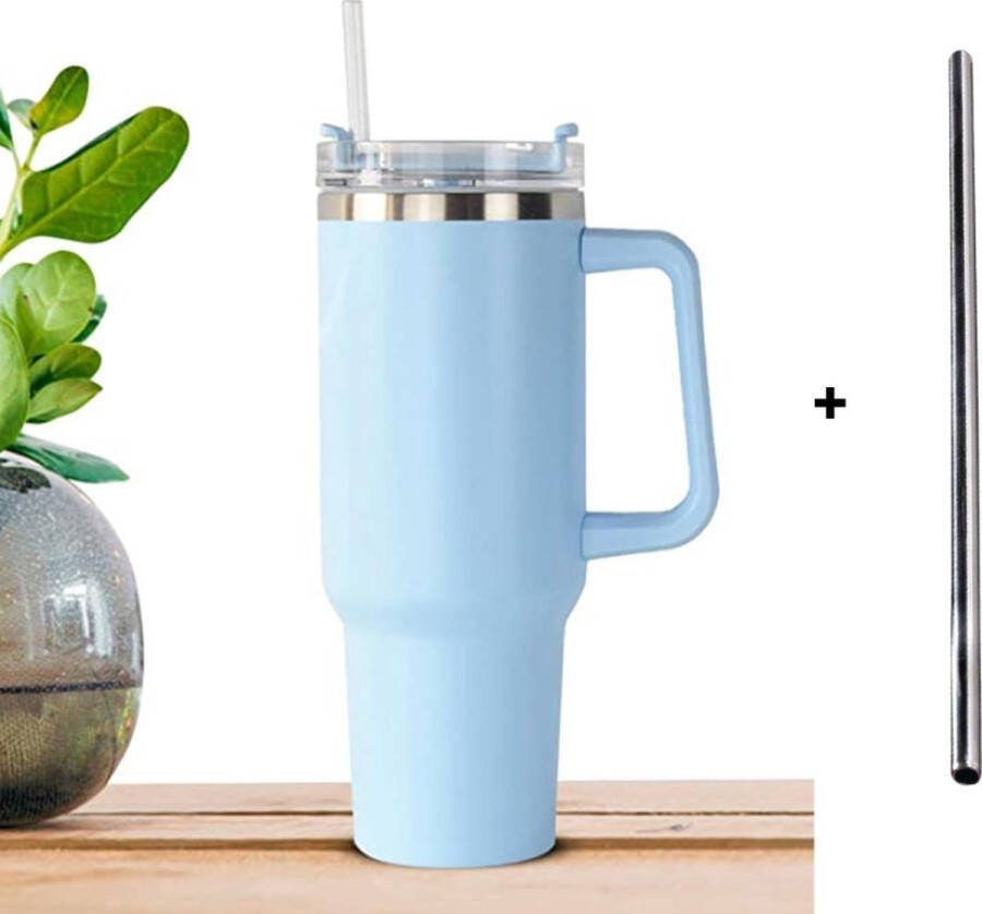Thermosbeker met handvat inclusief metalen rietje 1.2L Lichtblauw RVS beker Travel cup Mug to go Thermosbeker Drinkbeker to go Thermosfles