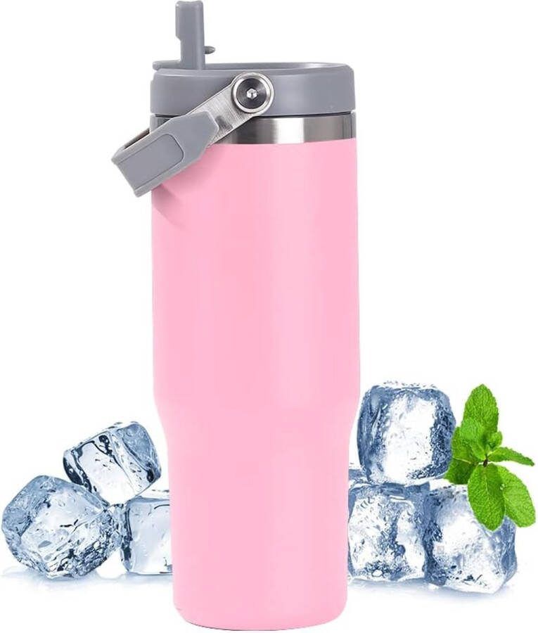 Thermosbeker met rietje en handvat 900 ml roestvrij staal dubbelwandig geïsoleerd reismok met lekvrij deksel auto-koffiebeker voor koffie water en thee BPA-vrij roze