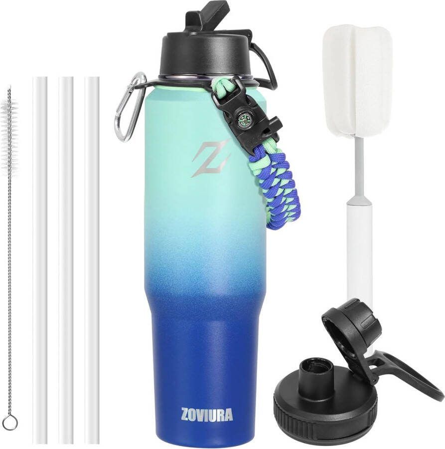 Thermosfles 1 2 l thermobeker met paracord-handvat drinkbeker met 2 deksels en rietjes drinkfles roestvrij staal tuimelbeker voor warm en koud koffiebeker om mee te nemen