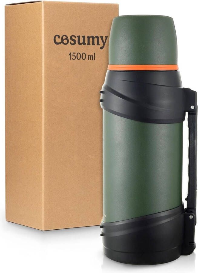 Thermosfles 1 5 l met beker voor onderweg lekvrij robuuste handgreep en draagriem voor koffie en thee