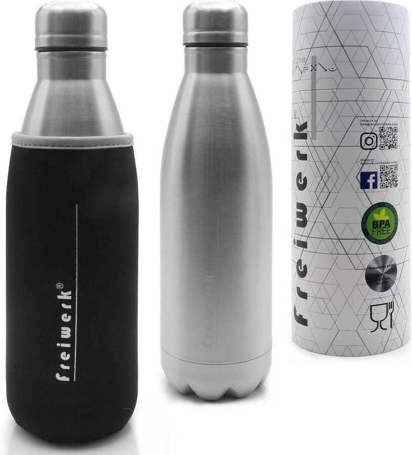 Thermosfles Geïsoleerd Roestvrij Staal Dubbelwandig Om Mee Te Nemen Neopreen Beschermhoes Kamperen Sport Fiets Buiten Zilver 500 ml