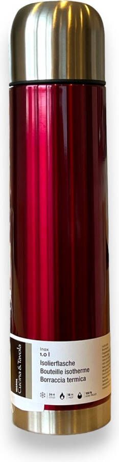 Merkloos Thermosfles met beker 1000 ml rood roestvrij staal 33 x 8 x 8 x cm