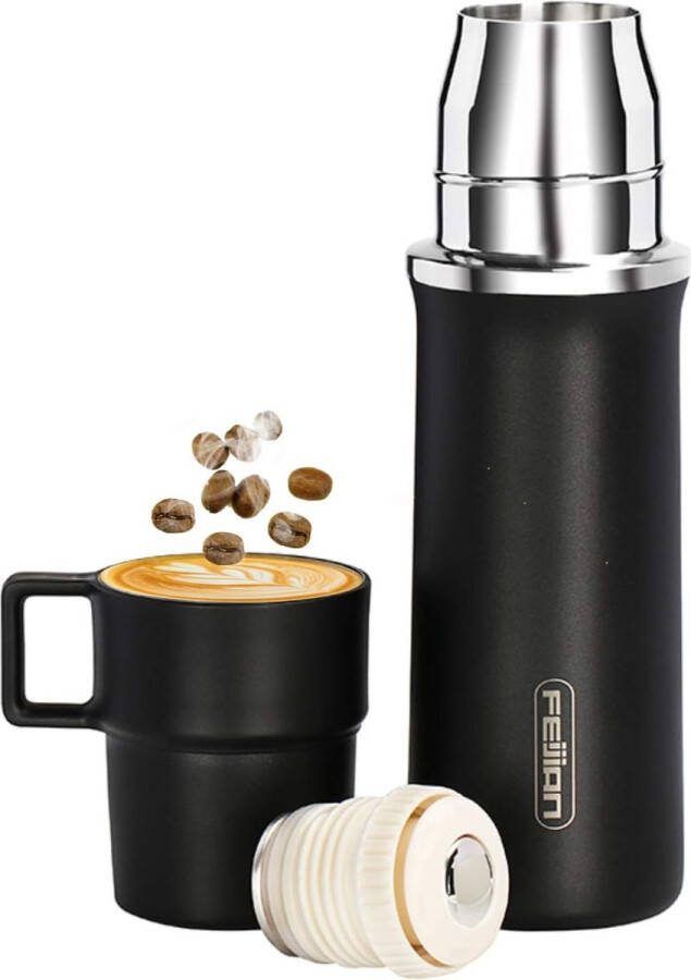 Thermosfles met beker voor koffie lekvrije waterthermosfles BPA-vrij roestvrijstalen thermosfles voor kinderen bubbel sport universiteit school fitness outdoor camping zwart