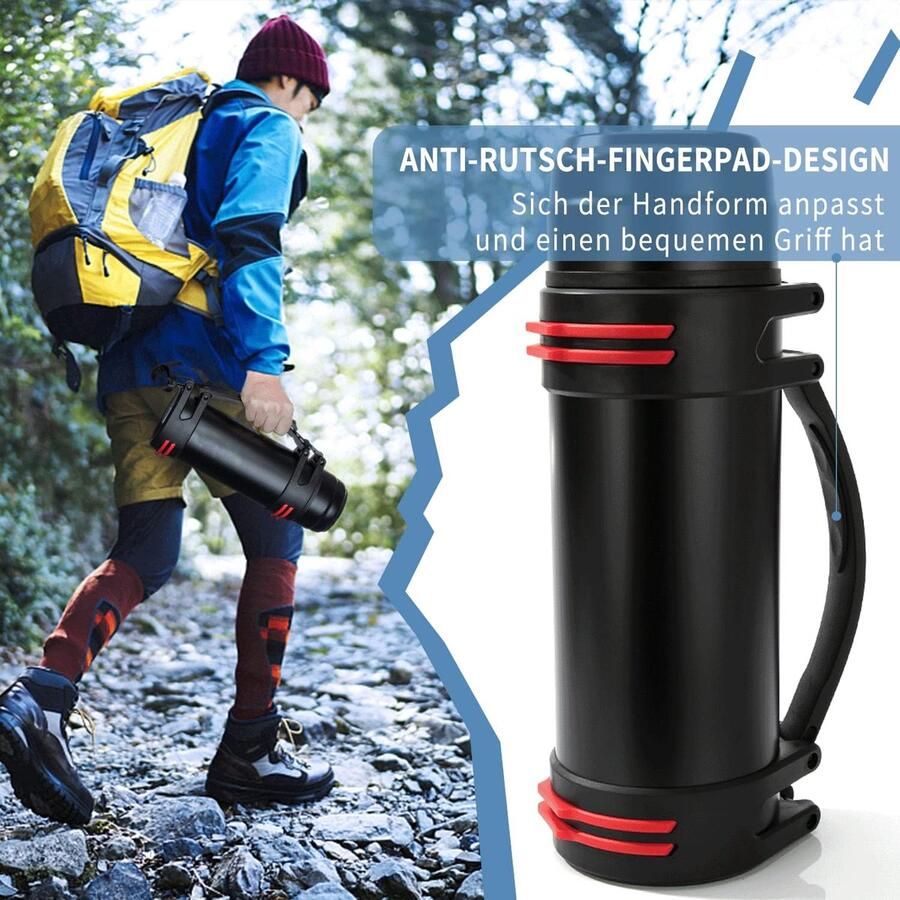 Thermosfles voor onderweg dubbelwandig van roestvrij staal thermosfles met 2 bekers lekvrij en robuuste thermoskan groot camping of wandelen met robuuste handgreep en draagriem 24 uur warm en koud (1 liter)