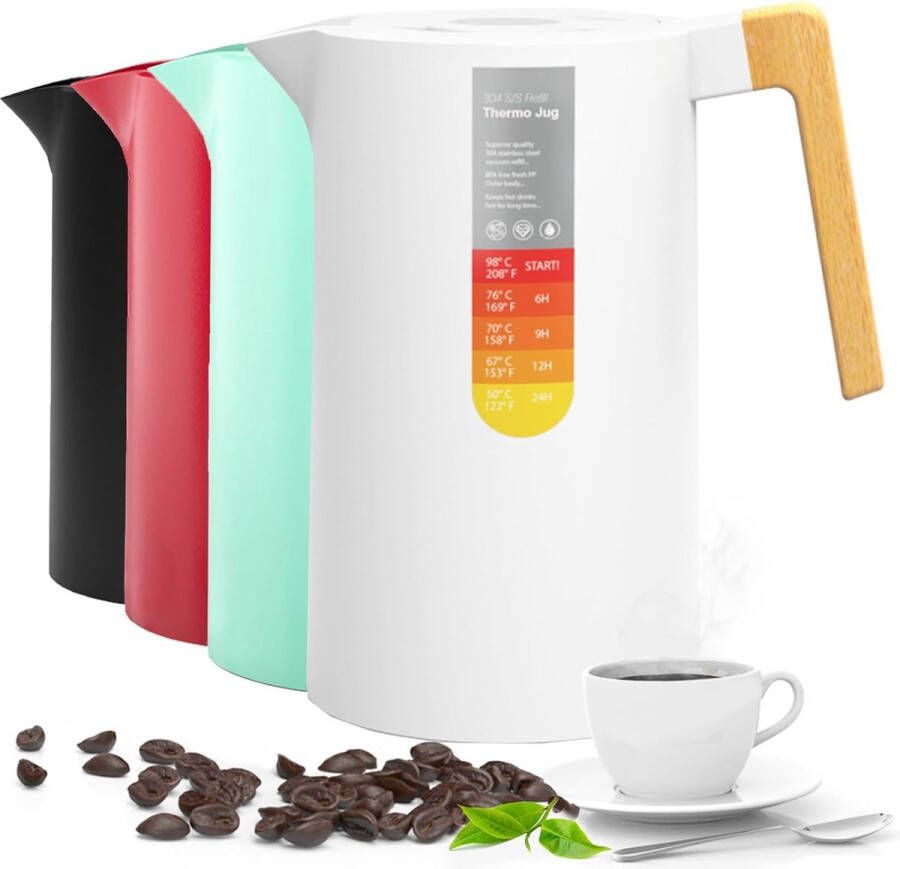 Thermoskan 1 l 304 roestvrij staal houten handvat thermoskan koffiekan dubbelwandig roestvrij staal 12 uur warm 24 uur koud ideaal als koffiepot of theepot wit