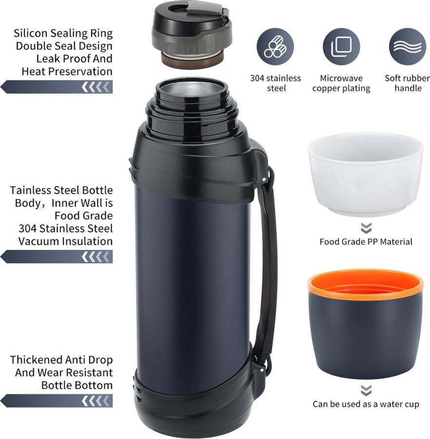 Thermoskan 2 5 l thermoskan roestvrijstalen drinkfles isolatiefles met 2 drinkbekers dubbelwandige isolatie campingwaterfles 24 uur warm en koud (donkerblauw)