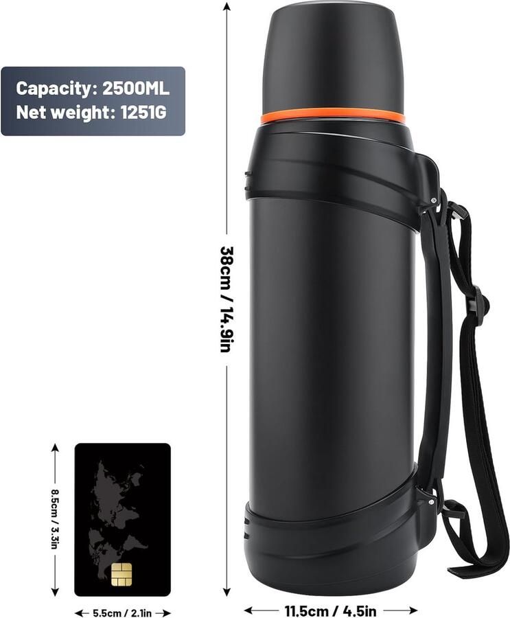Thermoskan 2 5 l thermoskan roestvrijstalen drinkfles isolatiefles met 2 drinkbekers dubbelwandige isolatie campingwaterfles 24 uur warm en koud (zwart)