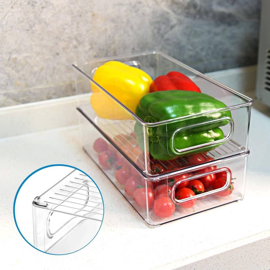 Tidy Fridge Koelkast-organizer set van 6 stuks doorzichtige stapelbare opbergdoos met handgreep voor keuken keukenkast kasten BPA-vrij medium