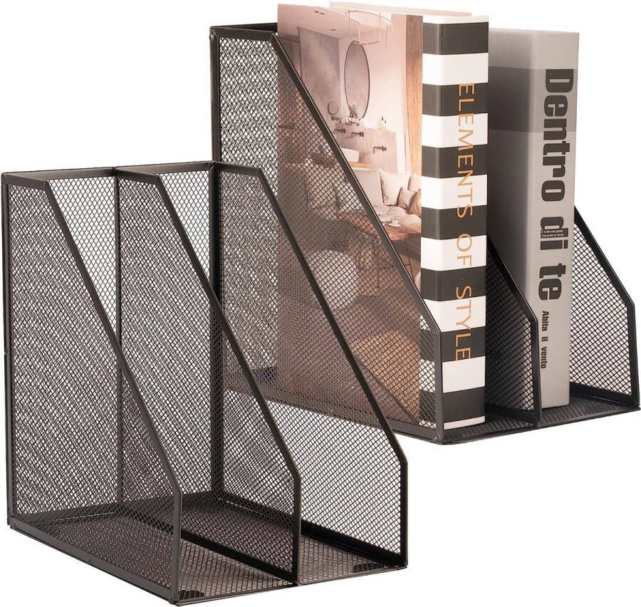 Tijdschriftenverzamelaar metalen boekensteun zwart 2 vakken bureau-organizer decoratieve tijdschriftenstandaard 2 stuks