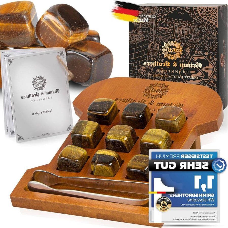Tijgeroog Whiskystenen Set van 9 Gegraveerd bamboeframe Koelstenen Whisky cadeaus voor mannen Herbruikbare ijsblokjes Whisky cadeauset