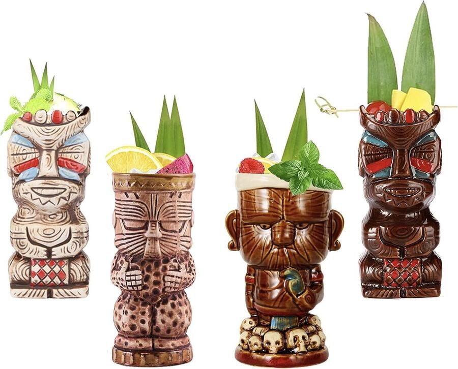 Tiki Mugs Tiki-koppen Tiki Mok Tiki Mugs Cocktailbeker Hawaii Cocktailglazen Tiki Bar accessoires Tiki kopjes drankjes mokken Hawaiian Party Barware Q10