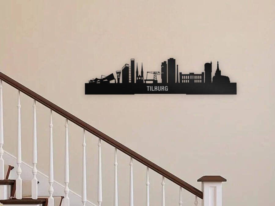 Tilburg Skyline muurdecoratie Wanddecoratie Zwart Houten art Muurdecoratie Line art Wall art Bohemian Wandborden Woonkamer