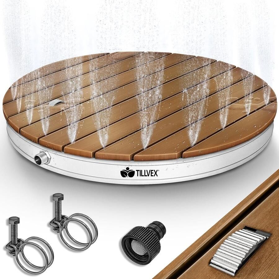 Tillvex Tuindouche outdoor tot 4 m fonteinhoogte ronde vloerdouche met voetwiel buitendouche antislip saunadouche weerbestendig campingdouche van aluminium WPC houtlook