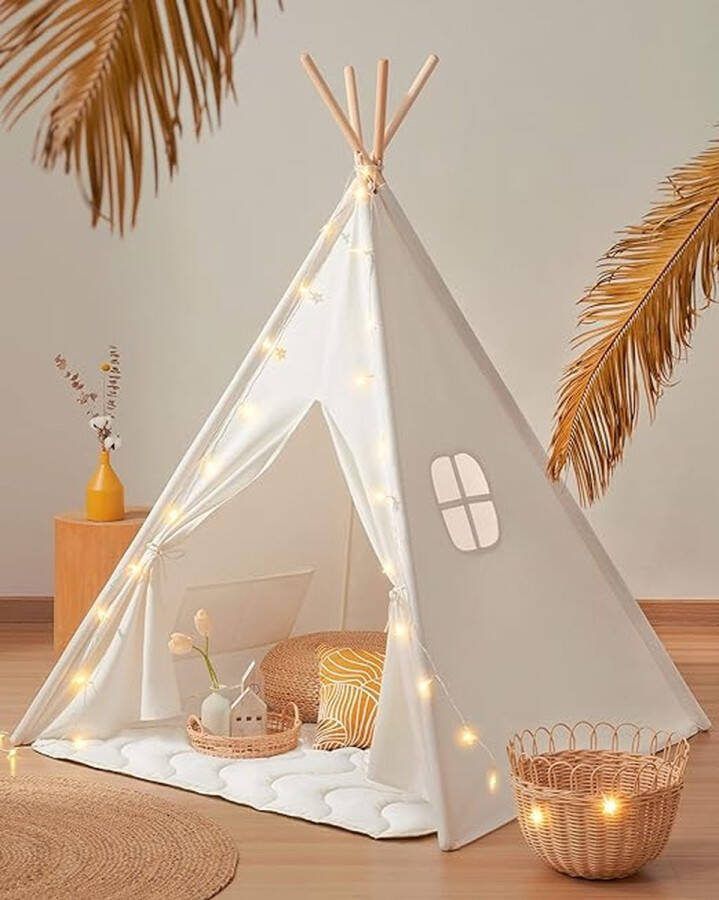 Tipi Speeltent met Lichtketting Kindertent voor Binnen Frame Hout Gevoerde deken lichtketting opbergtas zeildoek kindertent 121 x 121 x 167 cm