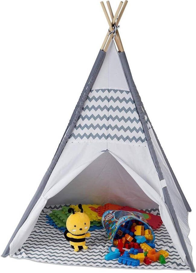 Tipi Tent kinderen speeltent vloer kinderkamer wigwam kindertent HxBxD 150 x 120 x 120 cm wit-grijs Tipi Tent kinderen
