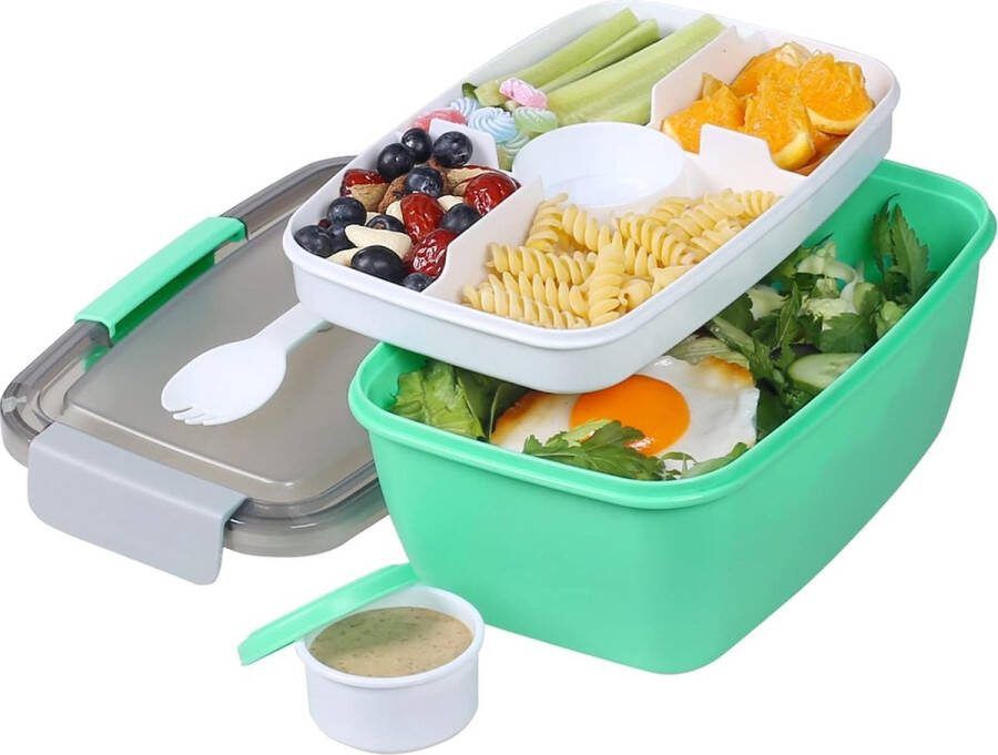 To Go Salade Lunch Container met 6 oz slakom grote Bento lunchbox met deksel 5-compartimenten trays en dressing container stapelbaar lekvrij BPA-vrij magnetron en vaatwasser bestendig