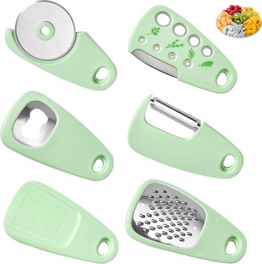 TOATELU Keuken Gadgets Set van 6: Camping Accessoires ink Pizzasnijder Fruitschiller Kruidenstripper Opener Molen en rasp Draagbare Camping Gadgets Draagbare Keuken Gadgets (Groen)