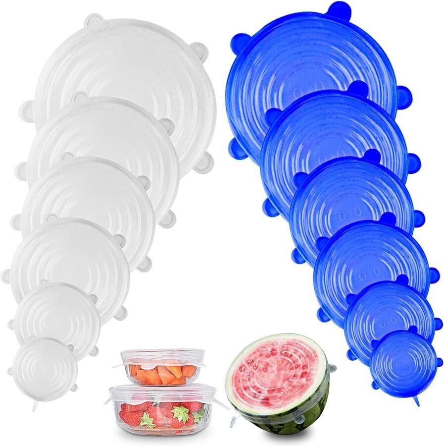 Toetje herbruikbare deksel 12 stuks siliconen deksels herbruikbaar en permanent rekbaar deksel in verschillende maten voor potten kommen flessen (blauw-wit)