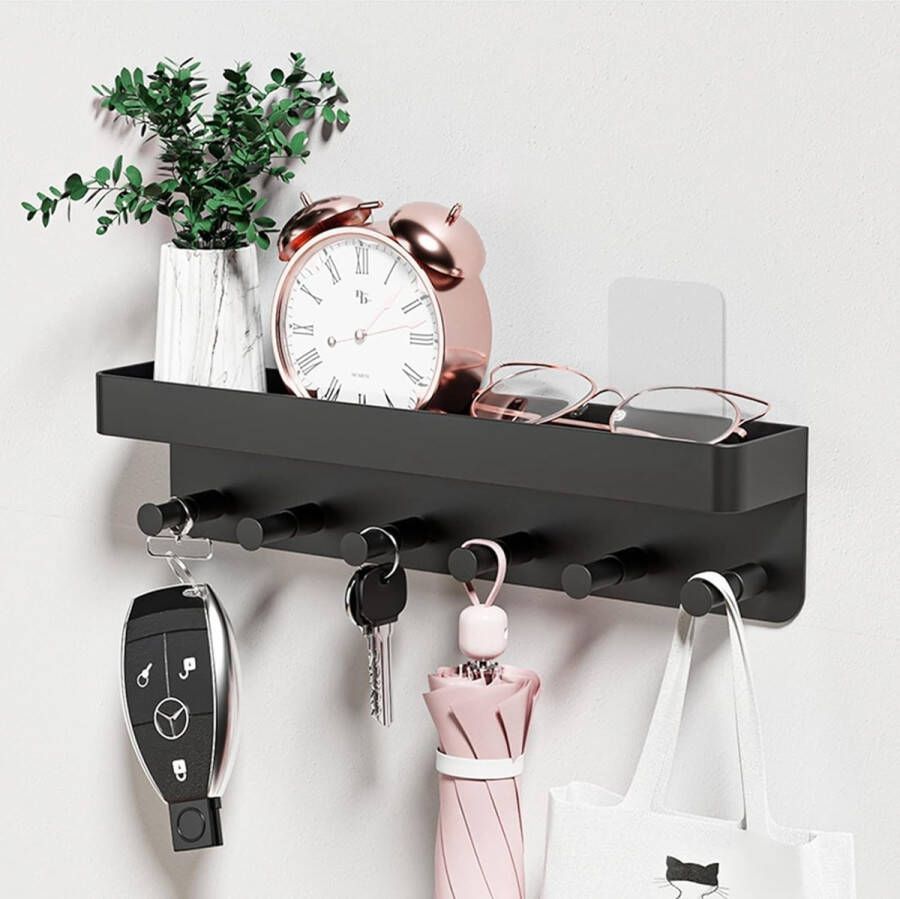 Toetsenbord met plank moderne sleutelhouder voor aan de muur 6 haken zelfklevende sleutelorganizer sleutelhaak toetsenbord opbergruimte voor woonkamer slaapkamer keuken badkamer zwart