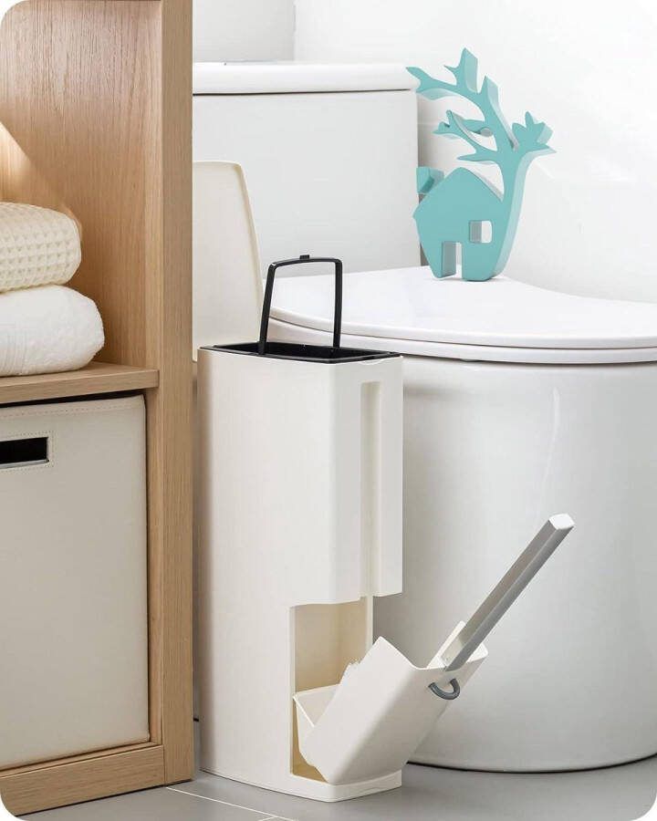 Toiletborstel en afvalemmerset badkamer WC-houder met bocht Multifunctionele 4 in 1 2L prullenbak Tissuebox voor badkamer (wit)