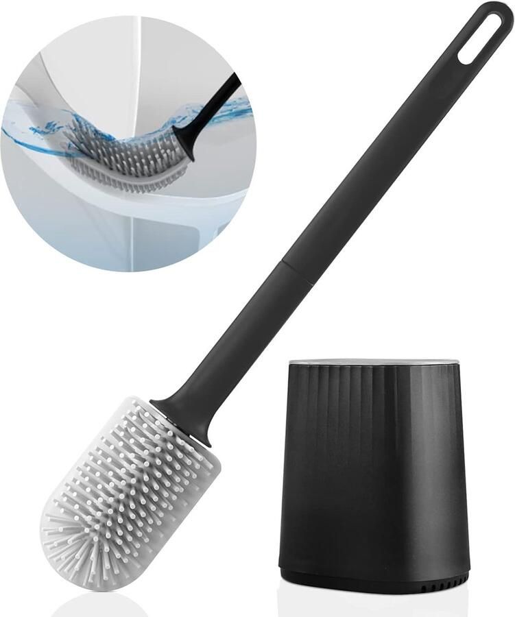 Toiletborstel siliconen toiletborstel met 3-in-1 multifunctionele borstelkop en sneldrogende houder wandgemonteerde toiletbezem voor badkamer (zwart)