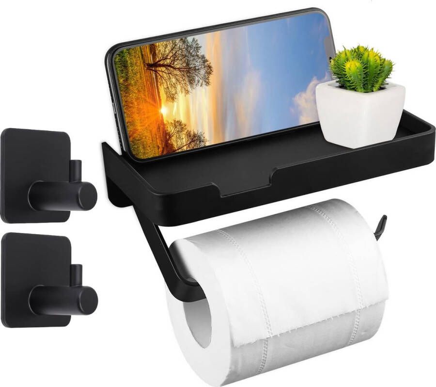 Toiletpapierhouder zonder boren wc-rolhouder met plank zelfklevende of wandmontage met 2 haken aluminium toiletrolhouder papierhouder voor keuken badkamer zwart B
