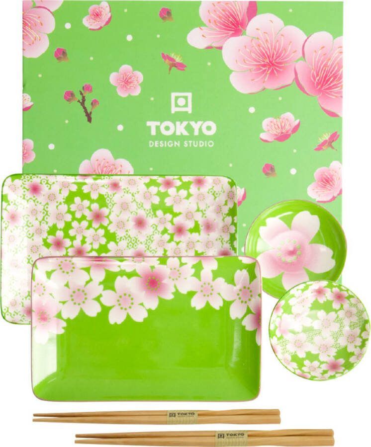 Tokyo Design Studio Kawaii Bloemen Sushi Set 6-delig 2 Persoons groen roze bloemen