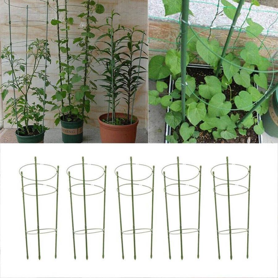 Tomaten klimhulp set van 5 in hoogte verstelbare ringen plantenstokken balkon bloembed kunststof 60 cm lang groen