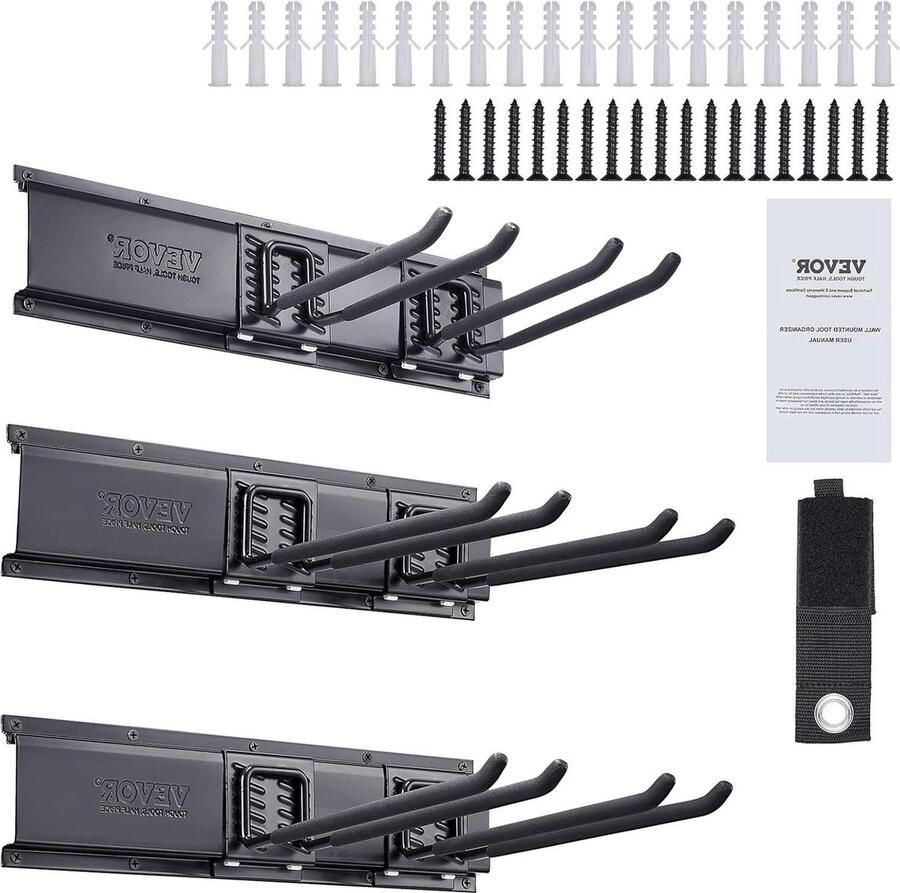 Tool Organizer-600 lbs Max Draagvermogen-Wandmontage Opbergrek met Verstelbare Haken en Rails voor Tuingereedschap-Schoppen-Trimmers-Slangen