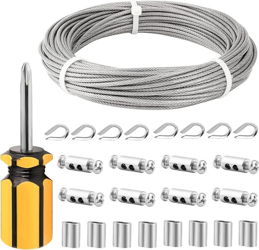 TooTaci Roestvrij stalen kabel 3 mm 20 m stalen kabel ommanteld 3 mm draadkabel roestvrij staal met ogen draadkabelklem draadkabel bijknippen voor omheining gordijnen ophangen rankhulp roestvrij stalen touw