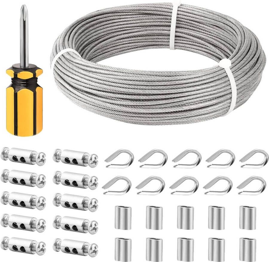 TooTaci Roestvrij stalen kabel 3 mm 3 mm ommanteld 50 m 3 mm roestvrij stalen staalkabel met kabelklem krimphulzen kabelkousen spandraad voor hek gordijntouw hangende kabel tuindraad voor klimplanten
