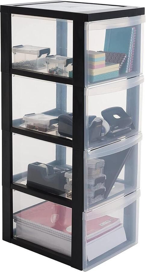 Toren Ladekast Kunststof Opbergorganizer met Ergonomisch Handvat 15L 4 Lades Wielen BPA-vrij Kantoor Slaapkamer Woonkamer DC-304 Zwart Ideaal voor Thuisorganisatie Ladenkast