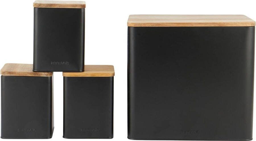 Toronto 4-Piece Countertop Set Bread Bin Tea Sugar Coffee Canisters Storage Containers Powder Coated Black Finish Acacia Wooden Lids Stylish Storage Jars Black Wooden Kitchen Organizer