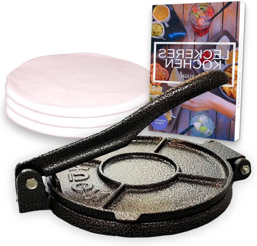 Tortilla pers Roti Maker 19cm gietijzeren maker 100x perkamentpapier gratis e-book