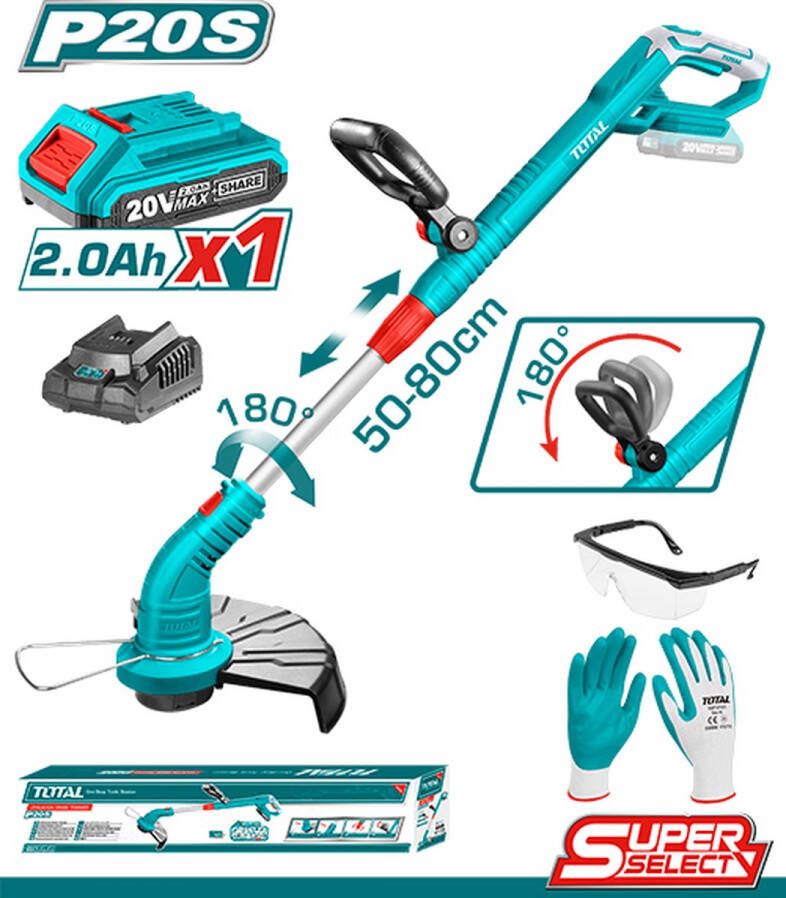 Total Grastrimmer Lithium ion 2 0ah 20V 8200rpm 300mm maaidiameter Kantentrim functie Inclusief 1x accu 1x lader 1x veiligheidsbril & 1x veilgheidshandschoenen