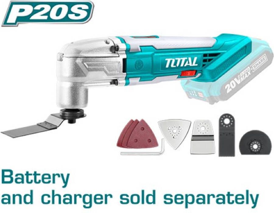 Total Multitool Lithium ion 20V Oscillerend 3 2° 6 snelheidsstanden 5000-20000rpm Losse body inclusief 8 accessoires