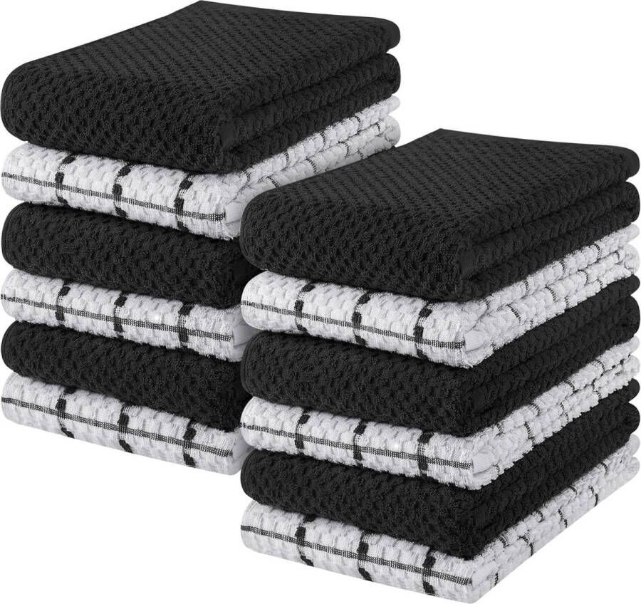 Towels 12 theedoeken keukenhanddoeken van 100% katoen machinewasbaar (38 x 64 cm) (zwart en wit)