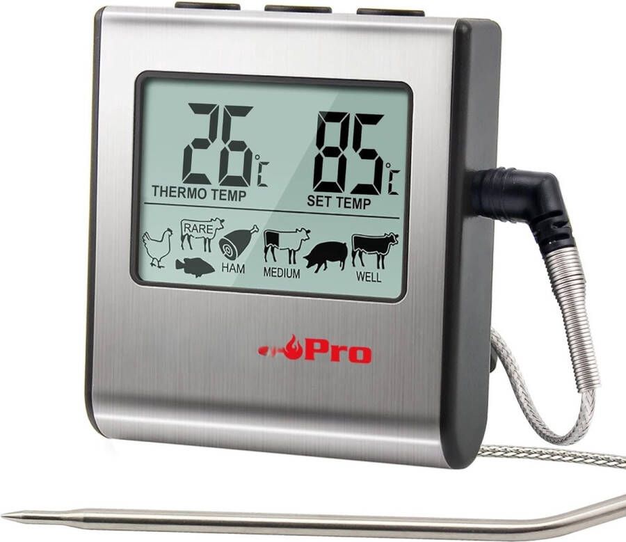 TP16 Digitale Koken Voedsel vlees Thermometer voor Smoker Oven Keuken Snoep BBQ Barbecue Thermometer Klok Timer met roestvrij stalen temperatuur sonde grote LCD-display zilver