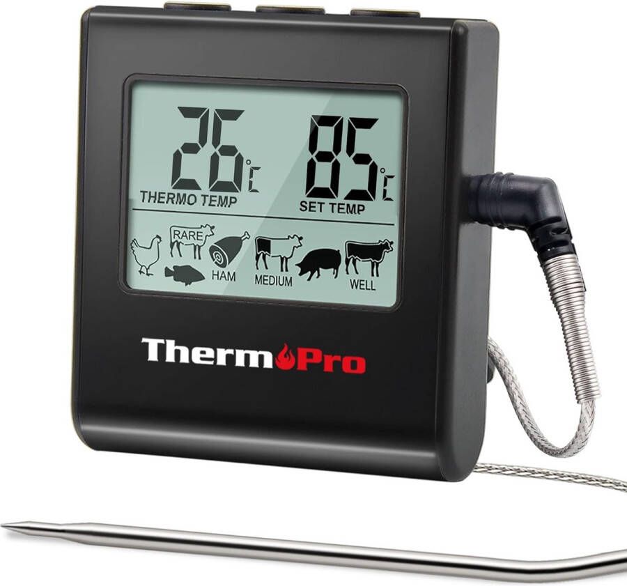 TP16 vleesthermometer grillthermometer digitale braadthermometer oventhermometer keukenthermometer met timer voor BBQ grill roker zwart